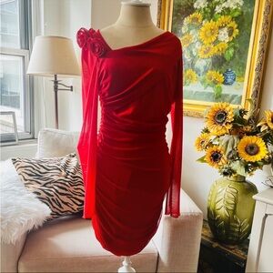 🎉New Red Floral Applique Long Sleeve Midi Dress – Ruched Bodycon, Skew Collar